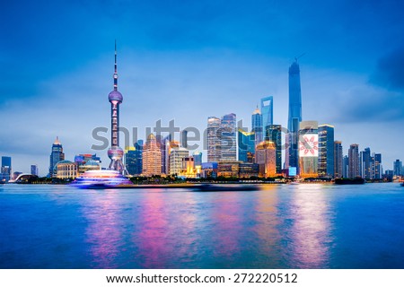 Shanghai, China financial district skyline on the Huangpu River.
