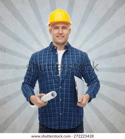 repair, construction, building, people and maintenance concept - smiling male builder or manual worker in helmet with blueprint and clipboard over gray burst rays background