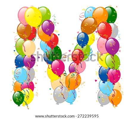 Vector illustration of decorative balloons M letter. Balloons, confetti and ribbons are on separate layers.