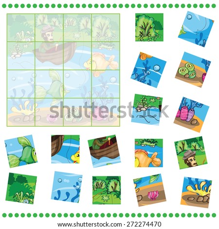 Jigsaw Puzzle game for Children - Fisherman catching the fish