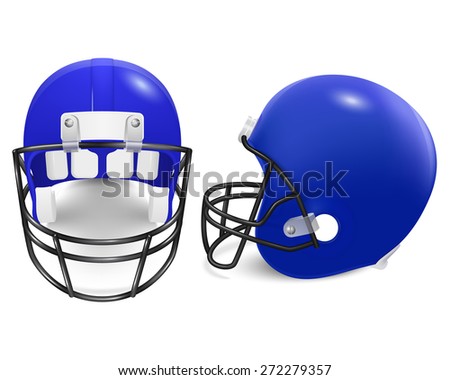 Two blue football helmets - front and side view. Vector EPS10 illustration.