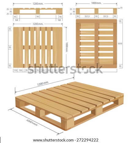 American wooden pallet in perspective, front and side view with dimensions. Royalty-Free Stock Photo #272294222