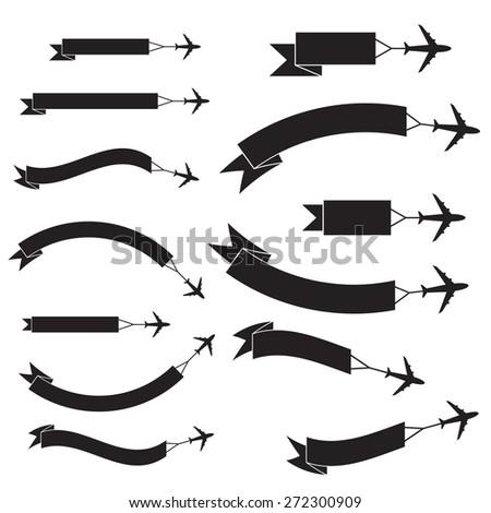 Flying plane with banner, icons set, black isolated on white background, vector illustration. Royalty-Free Stock Photo #272300909