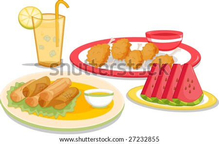 an illustration of different types of food and a drink