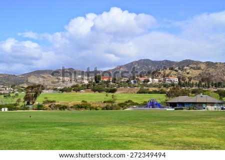  Green soccer  playing fields in the Malibu Bluff Park, California.