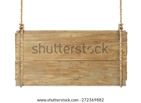 wooden sign hanging on a rope isolated 
