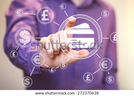 Businessman pushing button credit card dollar eur web currency