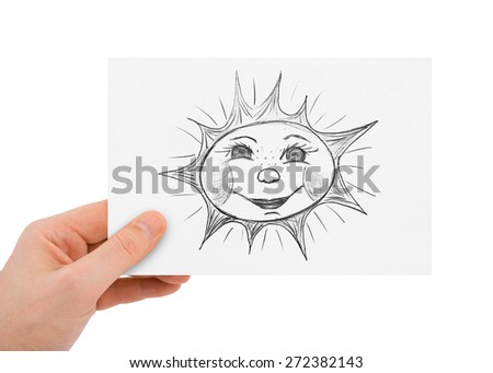 Hand with drawing sun isolated on white background