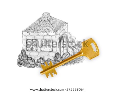 Drawing house and key isolated on white background