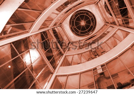 View from below of interior futuristic glass building