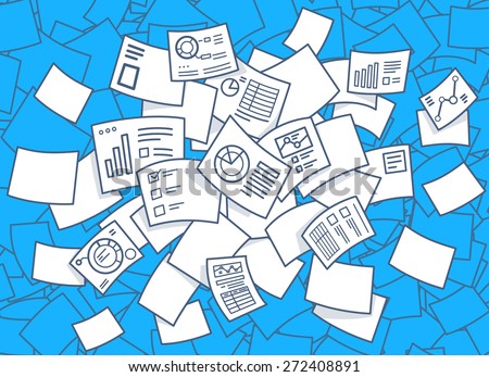 Vector illustration of set of flying financial documents with diagrams on a blue background. Hand draw line art design for web, site, advertising, banner, poster, board and print.  