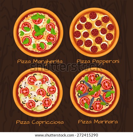 Round hot delicious tasty pizza in flat style. Vector illustration of pizza Margherita, Pepperoni, Capricciosa, Marinara.