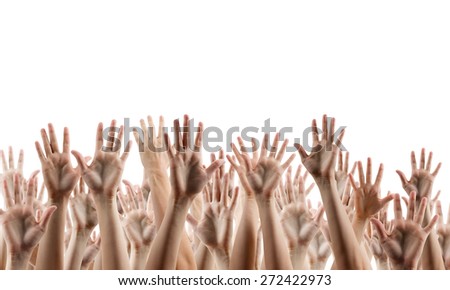 People's hands lifted up in the air isolated on white background. Sale poster. Festive backdrop poster on Black Friday theme with copy space and clipping pass.