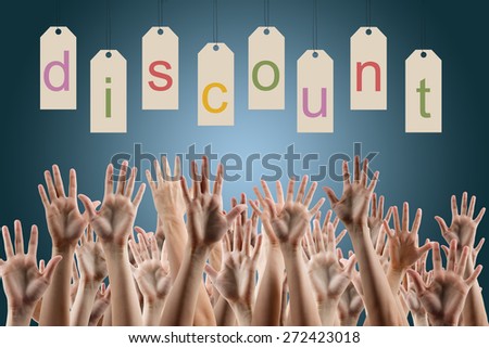 Discount word on labels over blue gradient background, people's hands lifted up in the air. Sale poster. Festive backdrop poster on Black Friday theme with copy space and clipping pass.