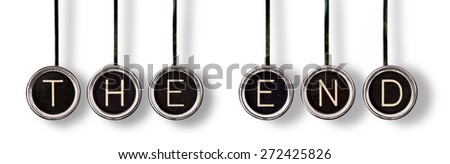 Old, scratched chrome typewriter keys with black centers and white letters spelling out, "THE END".  Isolated on white with drop shadows.
