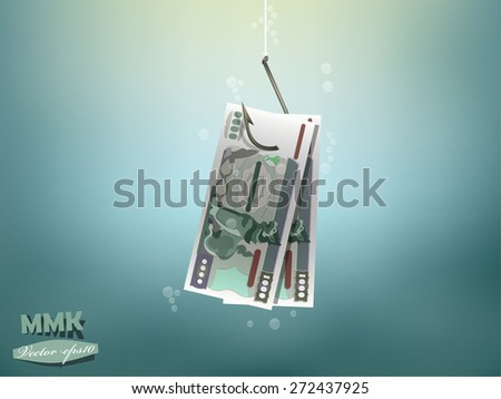 Money concept illustration, Myanmar kyat money paper on fish hook