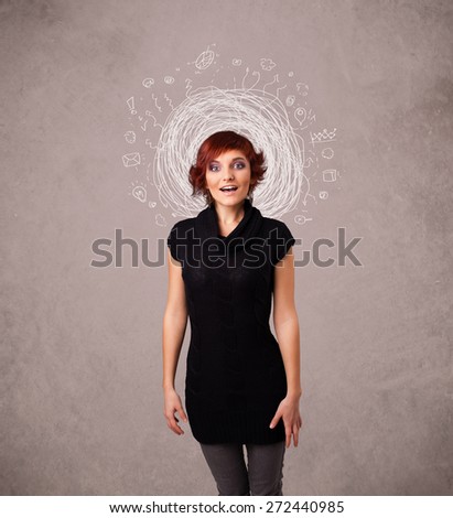 Pretty young girl with abstract circular doodle lines and icons