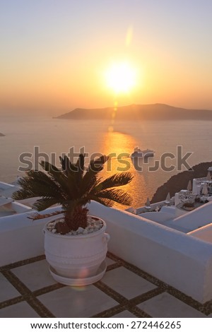 View over caldera at sunset, Santorini, Greece