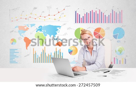 Business woman with colorful charts graphs