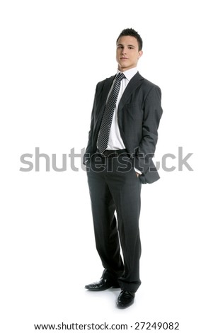 Businessman young stand up, full length on white background