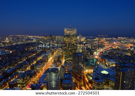 Boston John Hancock Tower and Back Bay Skyline at night, from top of Prudential Center, Boston, Massachusetts, USA