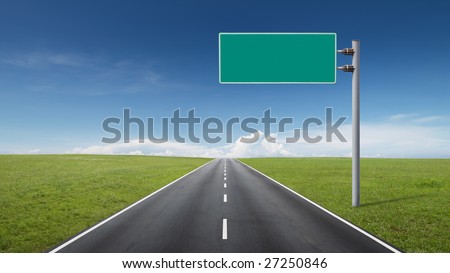 empty road through fields with blank road-sign