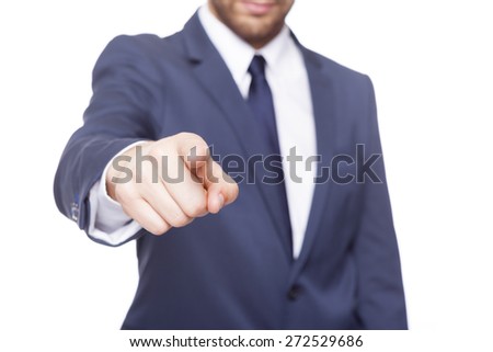 Business man pointing, isolated on white background