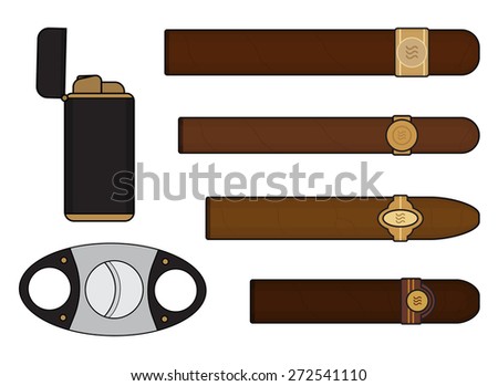 Cigar smoker set with lighter and guillotine. Vector clip art illustrations isolated on white