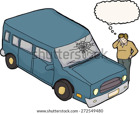 Thinking upset man looking at car with broken windshield