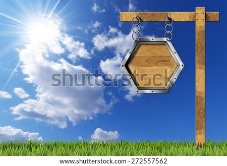 Hexagonal Sign with Chain and Pole. Empty hexagonal wooden sign with metallic frame hanging with metal chain on a wooden pole, on blue sky with clouds, sun rays and green grass