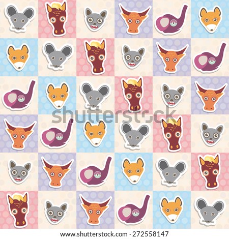 Set of funny animals muzzle horse bat cow elephant fox rat seamless pattern with pink lilac blue square. Vector