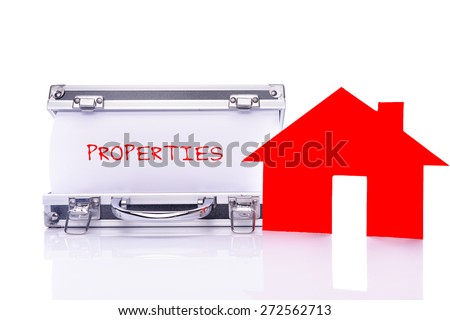 home sign and box with paper and Write "PROPERTIES", isolated white