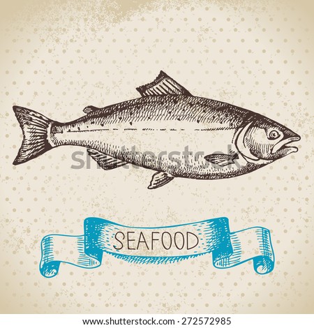 Vintage sea background. Hand drawn sketch seafood vector illustration of salmon fish