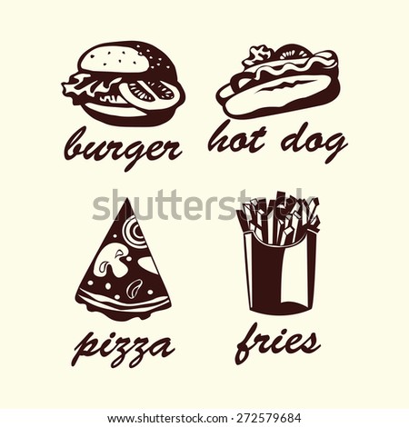 Fast food design set contains images of hot dog,burger,pizza, fries and text. Fast food design. Graphic style.