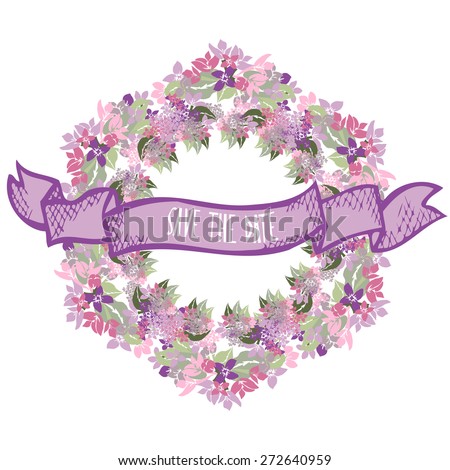 Elegant wreath with decorative lilac flowers, design element. Can be used for wedding, baby shower, mothers day, valentines day, birthday cards, invitations. Vintage decorative flowers.