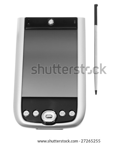 Black and Silver PDA with Stylus. Focus at the bottom buttons. Isolated on white. Royalty-Free Stock Photo #27265255