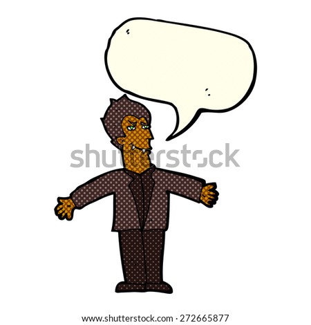 cartoon vampire man with open arms with speech bubble