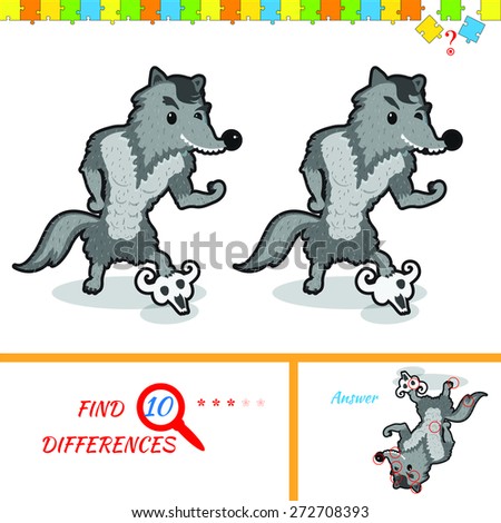 Find ten differences between the two pictures. Cartoon wolf character. Colorful rebus for kid on isolated background. Wolf vector. Puzzle for kids.