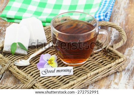 Good morning card with cup of tea on wicker tray 