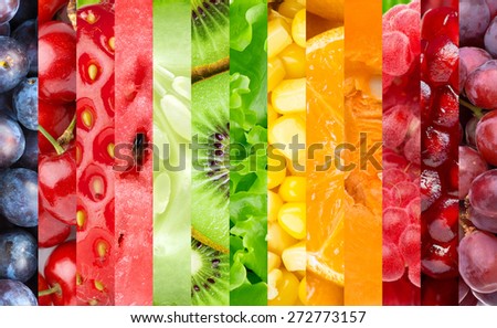 Healthy food background. Collection with color fruits, berries and vegetables Royalty-Free Stock Photo #272773157