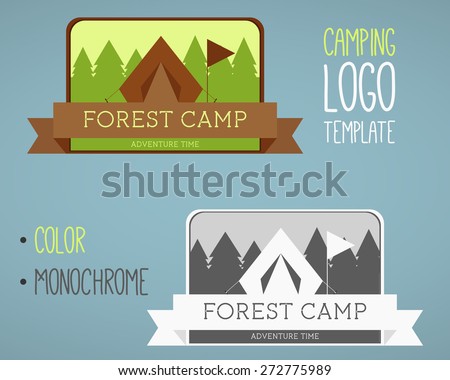 Vintage camping and outdoor activity logos. Designed in color and monochrome. Vector logo templates and badges with forest, trees, flag, ribbon, tent. National parks and nature exploration symbols.