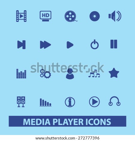 media player, music, audio, video icons, signs, illustrations set, vector
