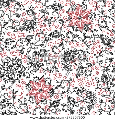 vector seamless black and red pattern of spirals, swirls, doodles