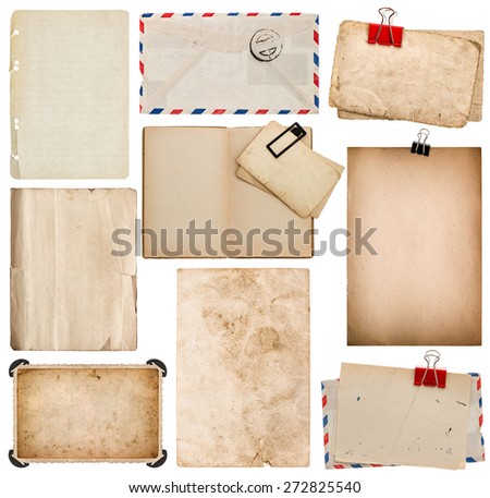 Set of old paper sheets, book, envelope, photo frame with corner isolated on white background