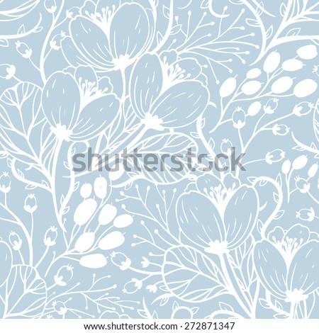 vector floral seamless pattern with hand drawn flowers and berries
