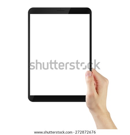 adult man hand holding generic tablet pc with white screen, isolated