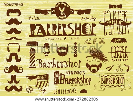 Set of vintage Barbershop (hair salon) logo, labels, badges, street signs and design element. Hand drawn vector collection