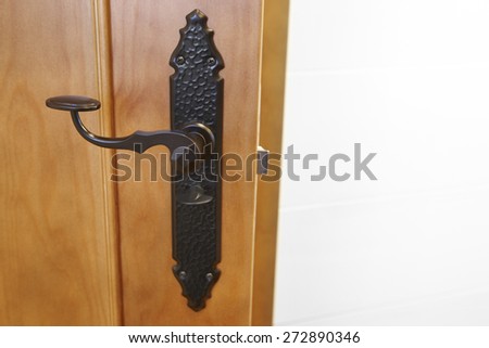 Classic door handle in an open door and white wall. Horizontal