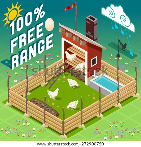 Isometric Building Farm Elements Set. Rural Farm City Map Tiles 3D Flat Ville Building Icon Set. Agriculture Rural Spring Farmland Building Isolated Vector. Henhouse with Chicken 100% Free Range Royalty-Free Stock Photo #272900750