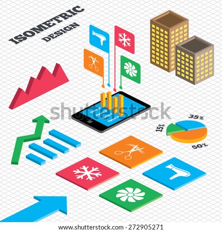 Isometric design. Graph and pie chart. Hotel services icons. Air conditioning, Hairdryer and Ventilation in room signs. Climate control. Hairdresser or barbershop symbol. Tall city buildings. Vector